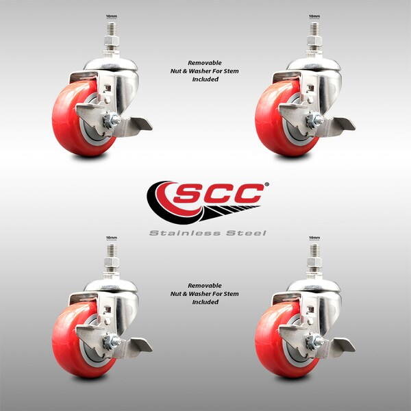 Service Caster 3 Inch 316SS Red Polyurethane Swivel 10mm Threaded Stem Caster Set Brake SS316TS20S314-PPUB-RED-TLB-M1015-4 - main